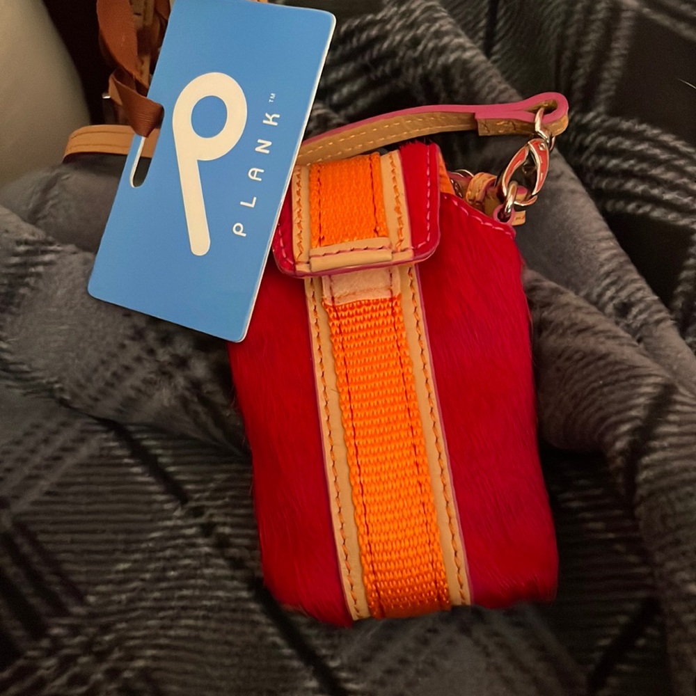 Plank Brand NWT cross body accessory case, red & orange w/ tan leather strap